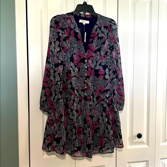 LOFT Women's SP Floral Leafed
Flounce Shirtdress Tiered Swing Dress - Picture 6 of 7